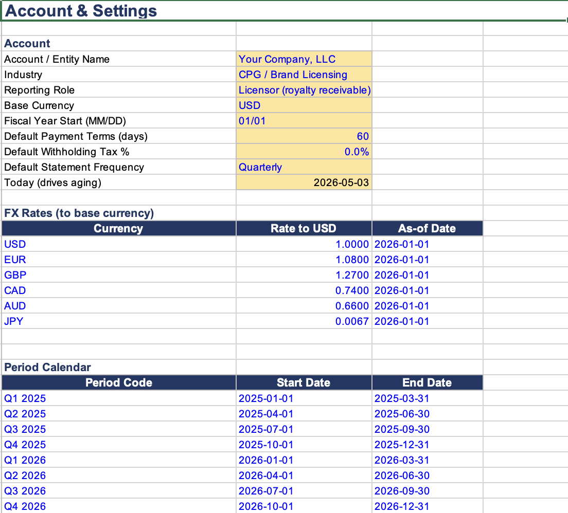 Account & Settings — configure your business once