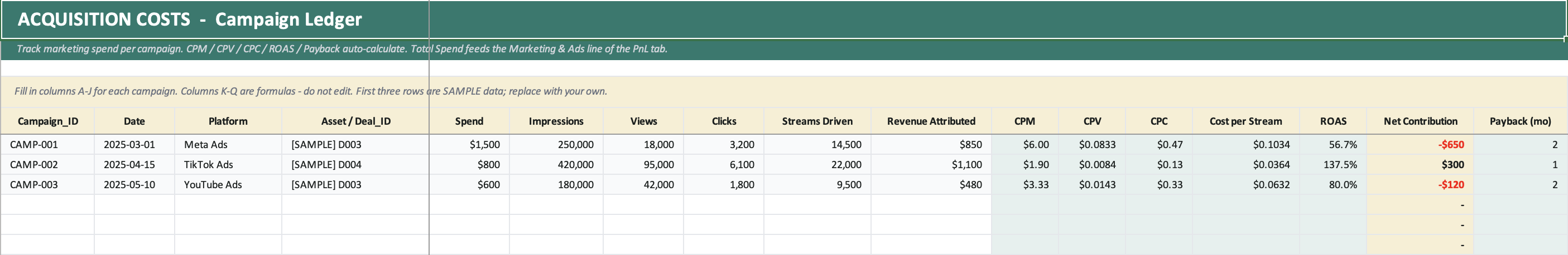 Acquisition Costs — campaign ledger with CPM, CPV, CPC, ROAS, payback